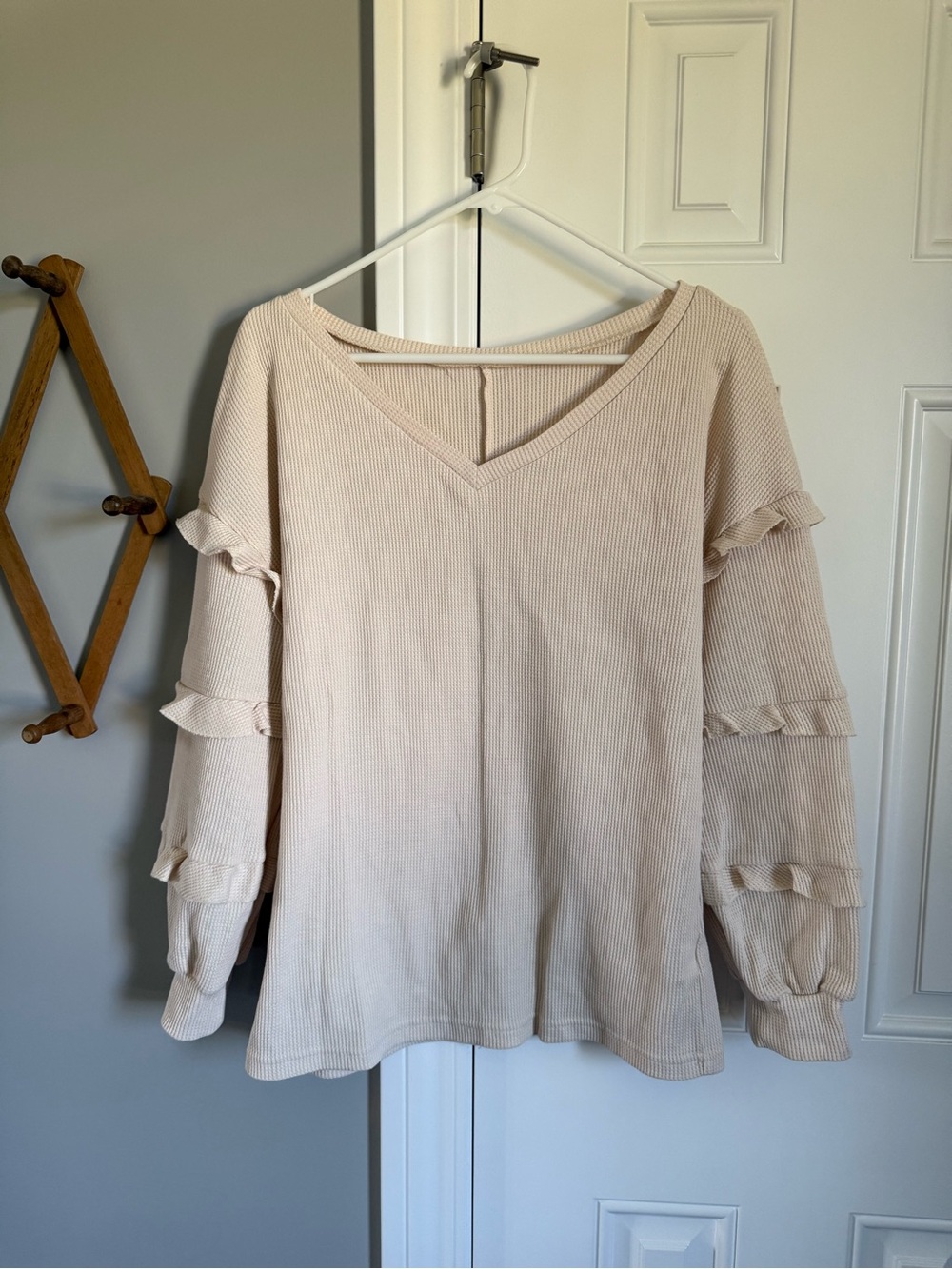 Cream Ruffle-Sleeve V-Neck Women's Top